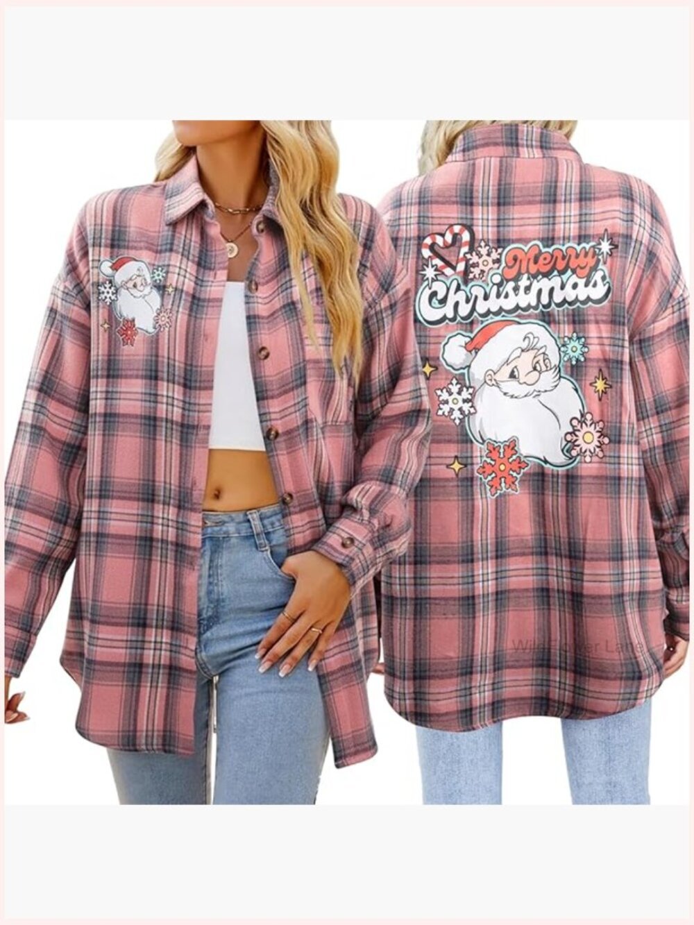 Women's Long Sleeve Button Down Plaid Shirt Santa Collar Blouse